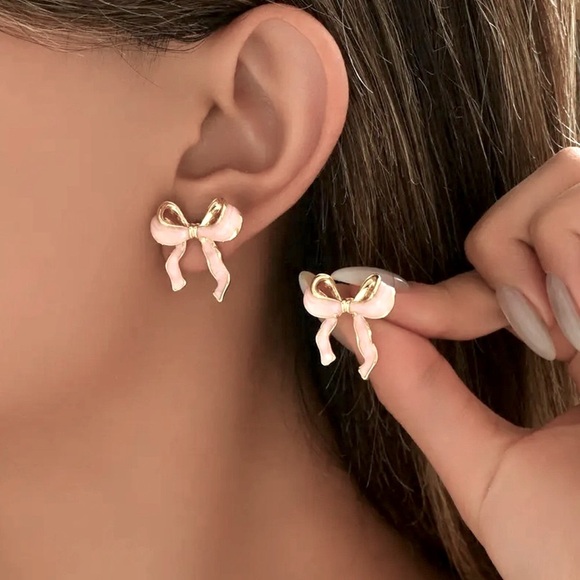 Minimalist Gold and Pink Ribbon Earrings 🎀 - Picture 1 of 7